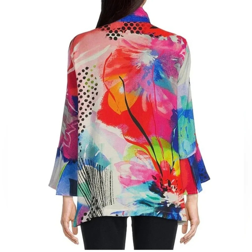 Ali Miles Mix Print Wearable Art to Wear Blouse Button Artsy Wired Collar Top M - Picture 10 of 13